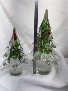 2 Crystal Green & Red Christmas Trees Attributed to Murano Italy