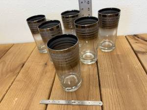 lot 3-D2025 image: 6 Vintage Mid-Century Modern Highball Cocktail Glasses with Silver Drip Top