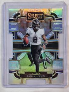 lot 46 image: Lamar Jackson 2023 Panini Prizm Silver Holo Die Cut Concourse No. 7