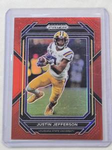 lot 141 image: Justin Jefferson 2023 Panini Red Prizm Draft Picks #61 and Numbered 267299