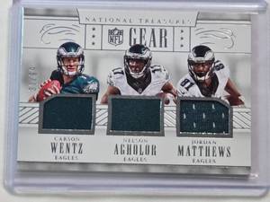 lot 153 image: Carson Wentz, Nelson Agholor, Jordan Matthews 2016 Panini National Treasures Triple Relic #4 and Numbered 3199