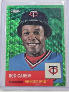 lot 179 image: Rod Carew 2022 Topps Green Prizm Refractor No. 184 and Numbered 1199