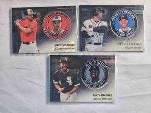lot 90 image: Lot of 3 2020 Topps Commemorative Medallion Freddie Freeman, Trey Mancini, Eloy Jiminez