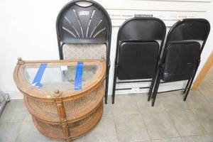 lot 9 image: Chairs (3) & half moon shelf