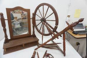 lot 12 image: Antique Dresser Top Vanity & Spinning Wheel