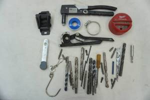lot 27 image: hand tools pop rivet gun, drill bits, and more
