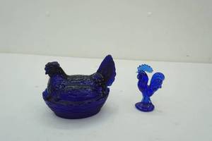 Cobalt Blue Glass Hen on Nest & Rooster