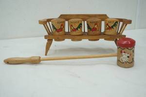 lot 53 image: Vintage Wooden Rooster Kitchen Decor and Utensils