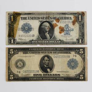 lot 12 image: Silver Certificate & 5 Dollar Note