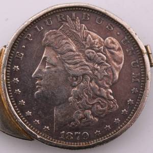 lot 51 image: 1872 Morgan Silver Dollar w Attached Money Clip