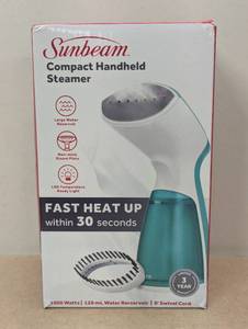 lot 53 image: Sunbeam 1000W Compact Handheld Steamer with Brush Attachment