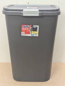 lot 113 image: Hefty 13gal Odor Block Trash Can Black Kitchen Touch-Top Garbage Can, Tight-Fitting Lid