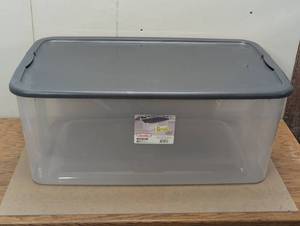 lot 123 image: Sterilite 116 Qt Ultra Clear Latch Box Clear Base Flat Gray Lid and Latches Stackable Storage Tote with Handles