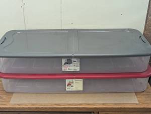 lot 124 image: Pair of Sterilite 74qt Ultra Clear Under Bed Latch Box Clear Base Flat Gray Lid and Latches Portable Storage, Stackable