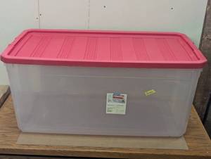 lot 125 image: 50gal Clear Stacker Box - Clear Base Rocket Red Lid and Latch - Brightroom Portable Plastic Utility Storage Tub
