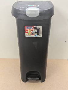 lot 111 image: Hefty 12.3gal Slim Step Trash Can with Locking Lid Black Large Kitchen Garbage Can, Pedal-Operated, Removable Lid