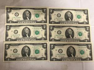 lot 10 image: 6 Uncirculated $2 Bills