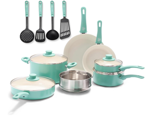 lot 97 image: 15PCS GreenLife Soft Grip Healthy Ceramic Nonstick, Cookware Pots and Pans Set