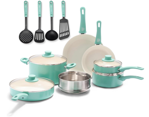 lot 99 image: 15PCS GreenLife Soft Grip Healthy Ceramic Nonstick, Cookware Pots and Pans Set