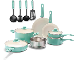 lot 100 image: 15PCS GreenLife Soft Grip Healthy Ceramic Nonstick, Cookware Pots and Pans Set