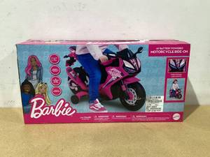 lot 667 image: 6V Barbie Motorcycle Ride on, Max 1 mph, for Kids Ages 3 Years, by Flybar