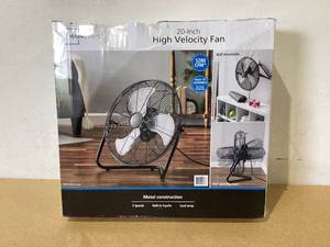 lot 677 image: Mainstays 20 3-Speed High Velocity Tiltable Black Steel Floor Fan