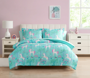 lot 158 image: LOT OF 2 7PCS Full Size Your Zone Teal Unicorn Grove Polyester Bedding Set