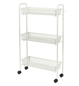 lot 460 image: Mainstays Slim 3-Shelf Rolling Bathroom Organization Cart with 2 Hooks, White