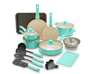 lot 192 image: GreenLife 15-Piece Soft Grip Toxin-Free Healthy Ceramic Non-Stick Cookware Set, Turquoise, Dishwasher Safe