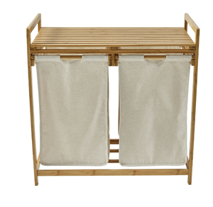 lot 196 image: Better Homes & Gardens 35L 2-Bin Adult Rectangular Bamboo Laundry Hamper Sorter with Removable Linen Liner, Natural Wood & Vanilla Dream