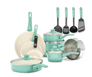 lot 596 image: Soft Grip 16 Piece Cookware Set, Non-Toxic PFAS-Free Ceramic Nonstick, Pots, Frying, Sauce, Saute, Glass Lids, Stay-Cool Handles, Wobble Free Bases, Dishwasher & Oven Safe, Turquoise