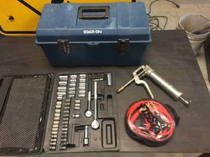 lot 192 image: Toolbox - Jumper Cables - Socket Set - Grease Gun