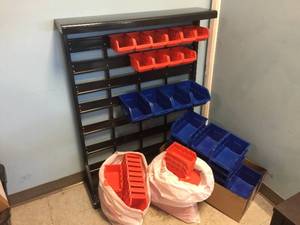 lot 180 image: Storage Bin Organizer Rack - RedBlue Bins
