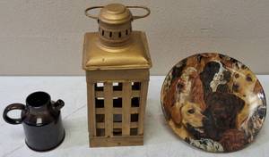 lot 27 image: Home Decor (1) Brown Jug (1) Lamp - Votive Candle Holder (1) Dog -Plate Wall Hanging (View Photo)