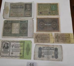 Group of 8 wartime German Mark bills from 1922, 1937 for collectors