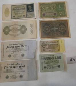 lot 45 image: 8 wartime German Mark Reichsbanknotes from 1919, 1922, 1923, 1925