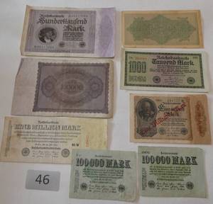 lot 46 image: 8 wartime German Mark Reichsbanknotes from 1922, 1923