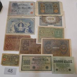lot 48 image: 11 wartime German Mark Reichsbanknotes from 1908 to 1923