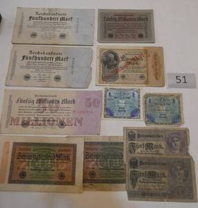 lot 51 image: 11 wartime German Mark Reichsbanknotes from 1917 to 1923