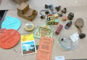 lot 113 image: Group of vintage items including wood bird toothpick holder, cast iron bells, mini wood shaver