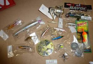 lot 118 image: Lot of fishing lures and spinning reel (missing handle)