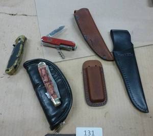 lot 131 image: 3 Knives, 3 leather sheaths