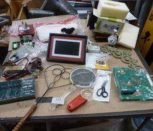 lot 132 image: Misc lot - trinket boxes, xmas town lights, mirror, magnifier, scissor,