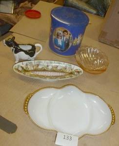 lot 133 image: Vintage collectibles - cracker dish, shell bowl, FireKing milk glass, Charles and Diana wedding tin, cow creamer