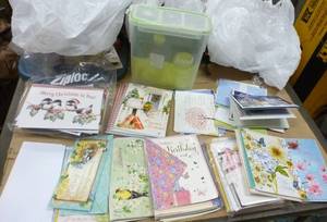 lot 148 image: Approx 100 greeting cards and new food container for cereal or pasta