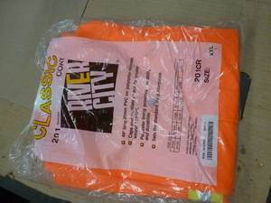 lot 173 image: THREE size 2XL Blaze Orange rain suits