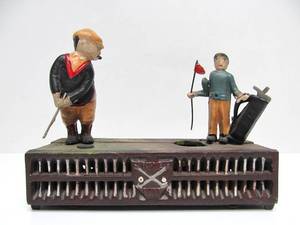 lot 22 image: Working Antique Style Cast Iron Mechanical Coin Bank - Golf