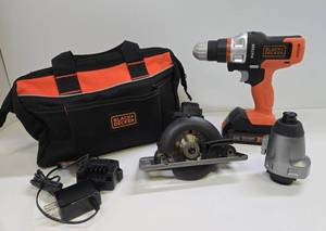 lot 176 image: Excellent Working Black & Decker MATRIX Drill wTrim Saw & other Attachment, Battery Charger & Bag