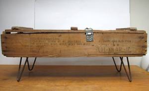 lot 260 image: Neat old Vintage Military Howitzer Wood Ammo Crate Table wHairpin Legs