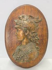 lot 280 image: Beautiful Cast Metal Relief Wall Sculpture of Perseus on Tiger Oak 
